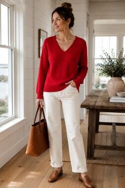 100% Cotton Fisherman V-Neck Sweater L Coastal Quiet Luxury